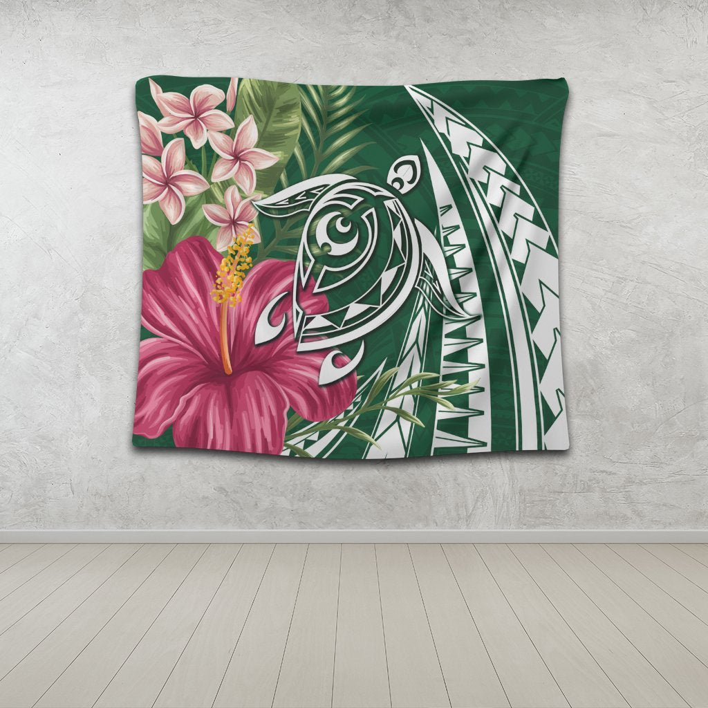 Hawaii Polynesian Turtle Tropical Hibiscus Plumeria Tapestry - Green - AH - Polynesian Pride