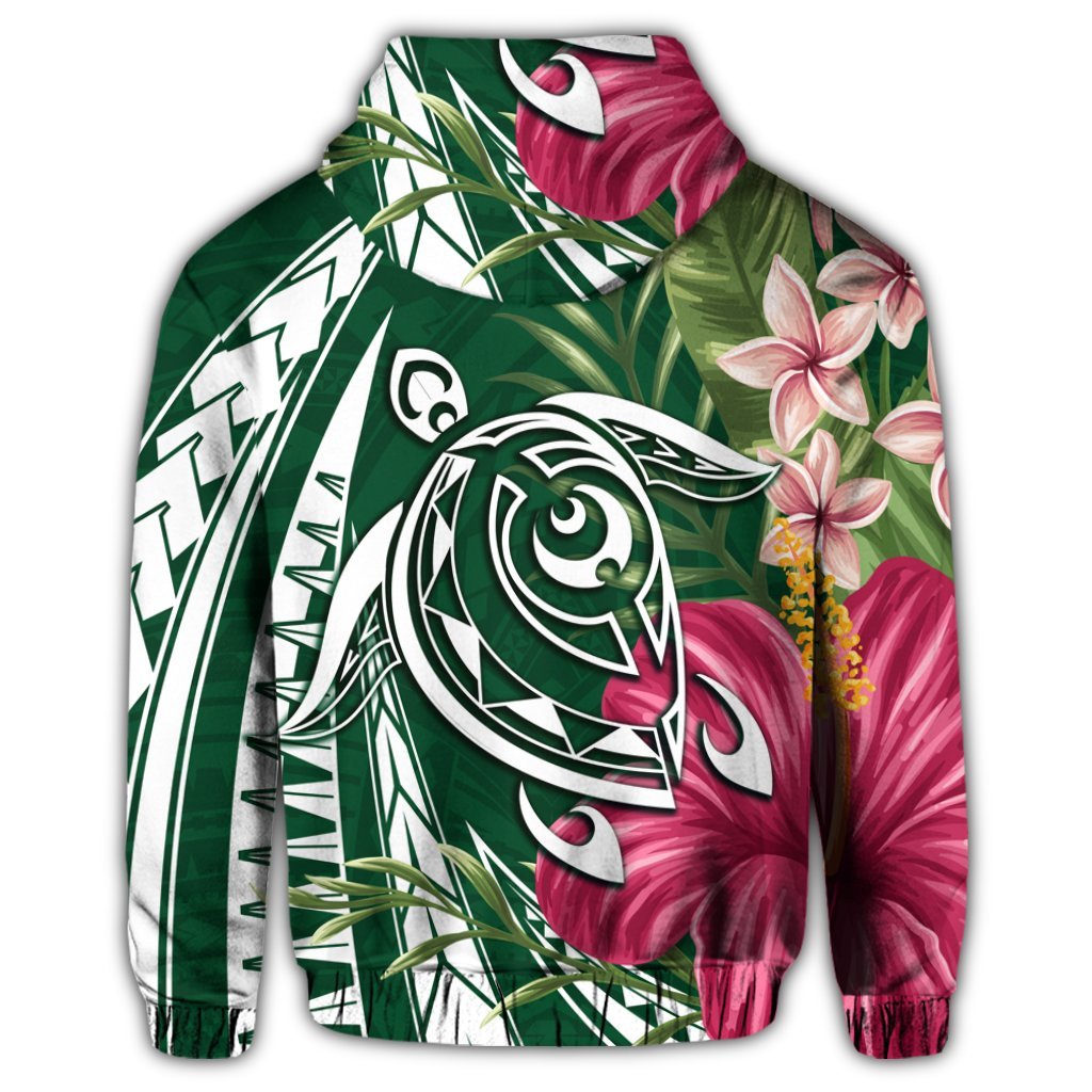 Hawaii Zip Hoodie Polynesian Turtle Tropical Hibiscus Plumeria Green - Polynesian Pride