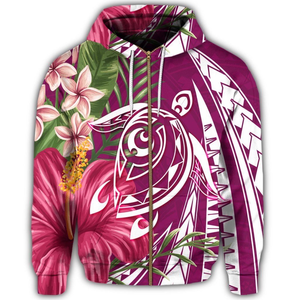 Hawaii Zip Hoodie Polynesian Turtle Tropical Hibiscus Plumeria Pink - Polynesian Pride