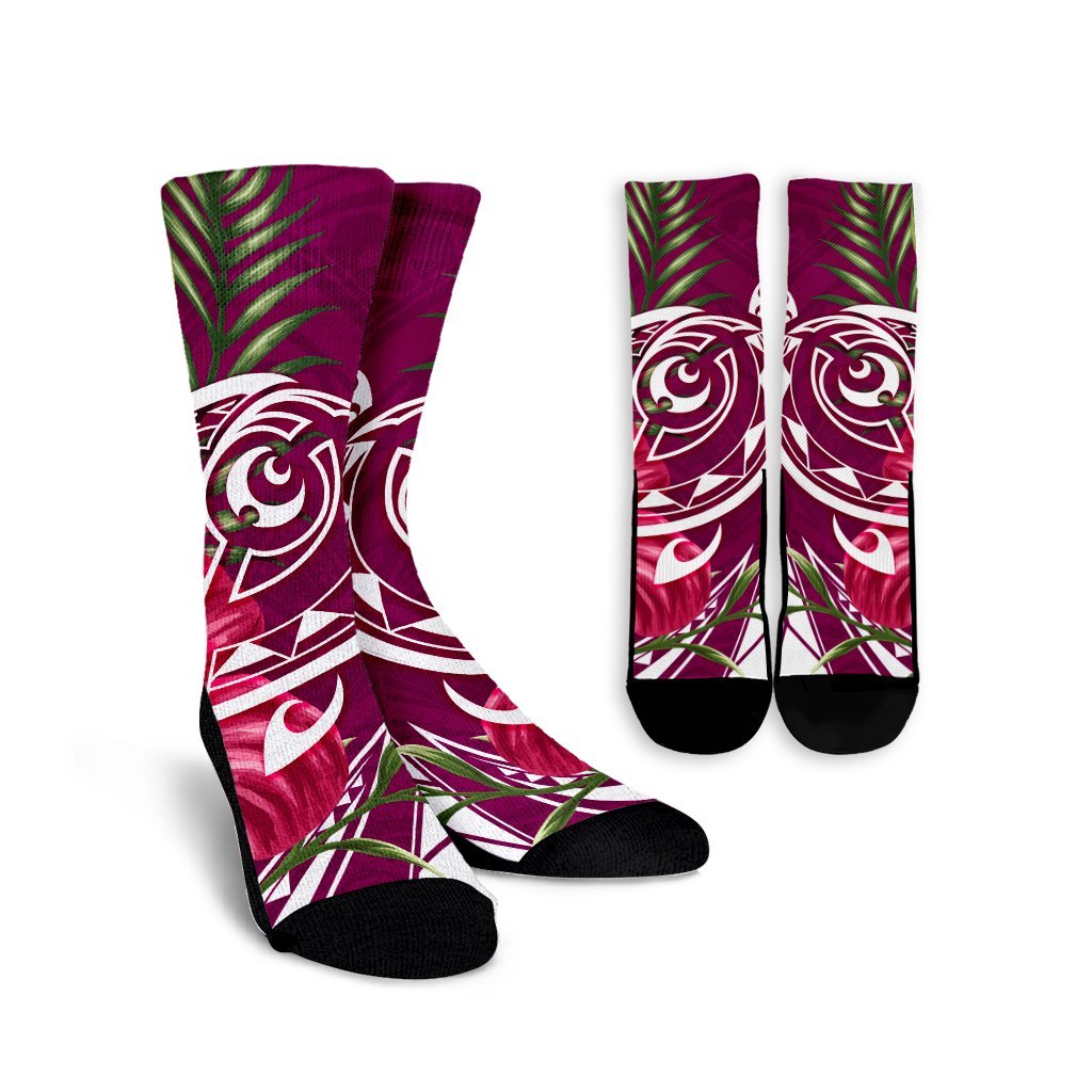 Hawaii Polynesian Turtle Tropical Hibiscus Plumeria Crew Socks - Pink - AH Crew Socks White - Polynesian Pride