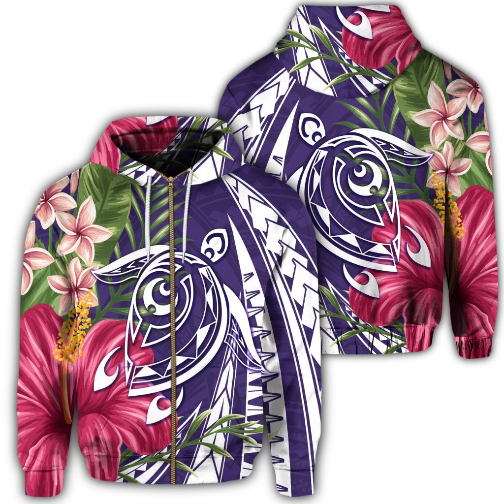 Hawaii Zip Hoodie Polynesian Turtle Tropical Hibiscus Plumeria Purple Unisex Art - Polynesian Pride