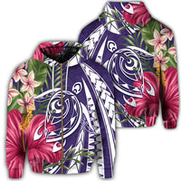Hawaii Zip Hoodie Polynesian Turtle Tropical Hibiscus Plumeria Purple Unisex Art - Polynesian Pride