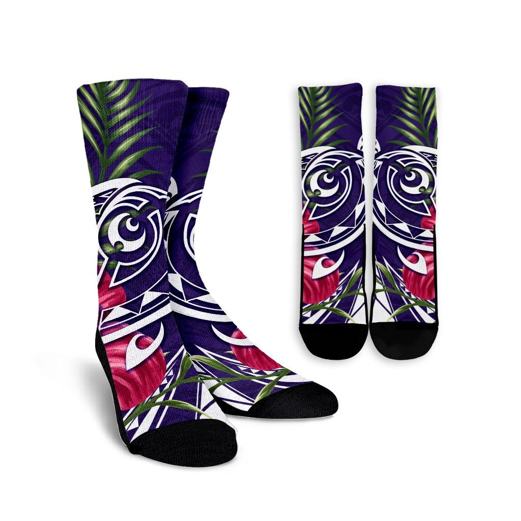 Hawaii Polynesian Turtle Tropical Hibiscus Plumeria Crew Socks - Purple - AH Crew Socks White - Polynesian Pride
