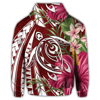 Hawaii Zip Hoodie Polynesian Turtle Tropical Hibiscus Plumeria Red - Polynesian Pride