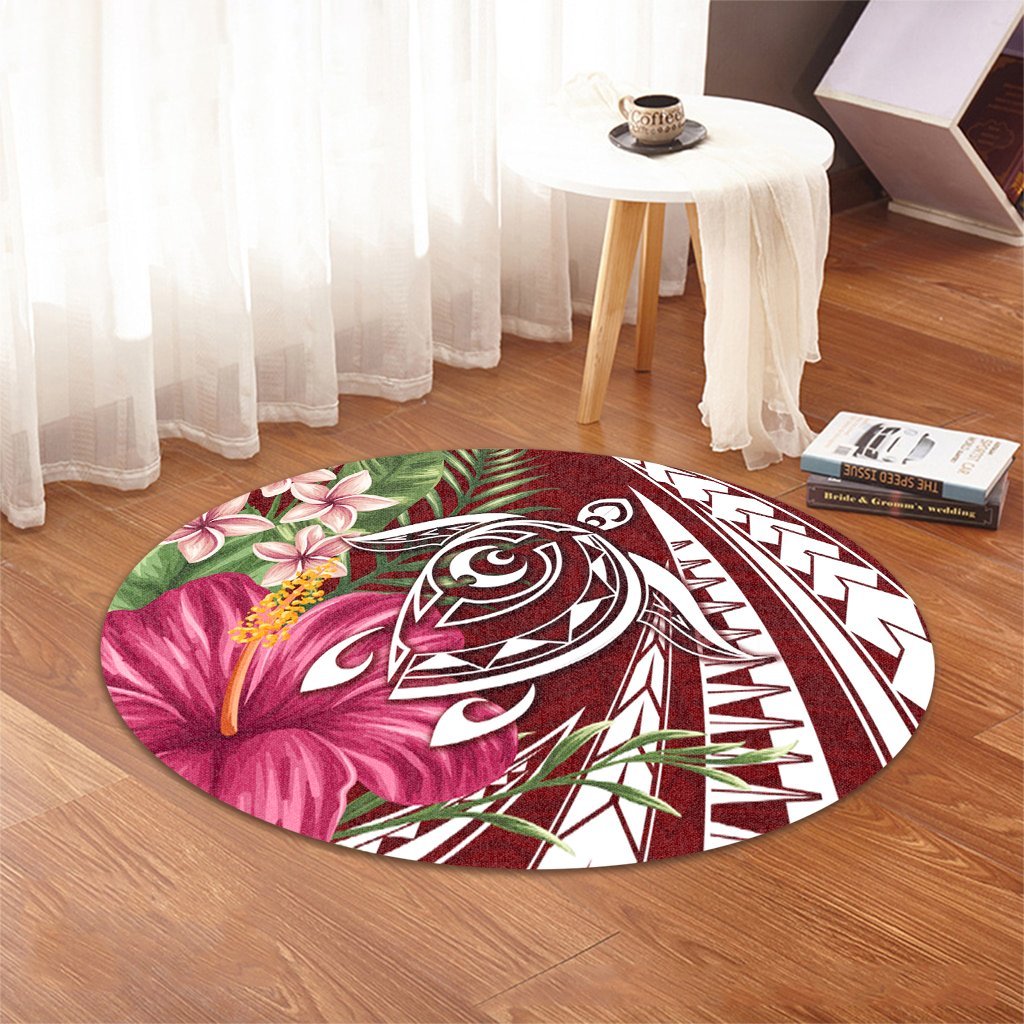 Hawaii Polynesian Turtle Tropical Hibiscus Plumeria Round Carpet - Red - AH - Polynesian Pride