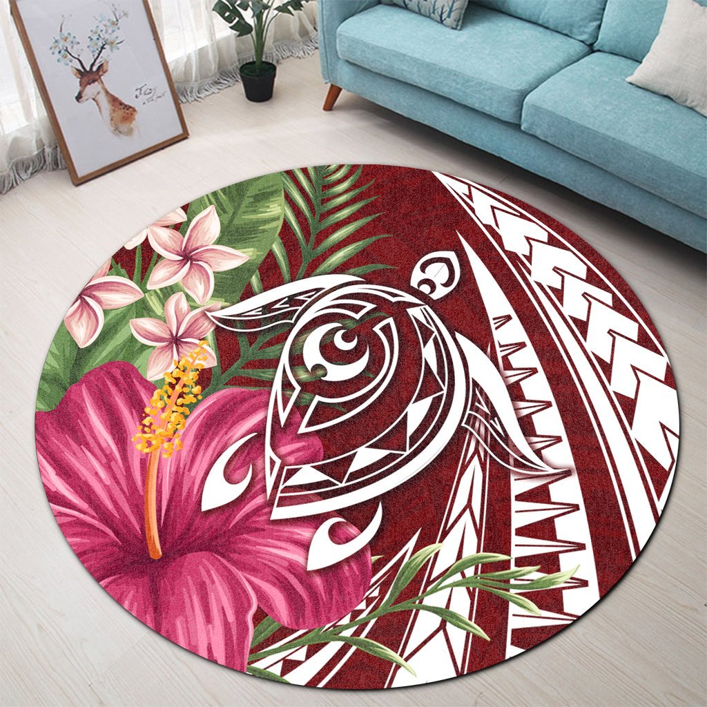 Hawaii Polynesian Turtle Tropical Hibiscus Plumeria Round Carpet - Red - AH - Polynesian Pride