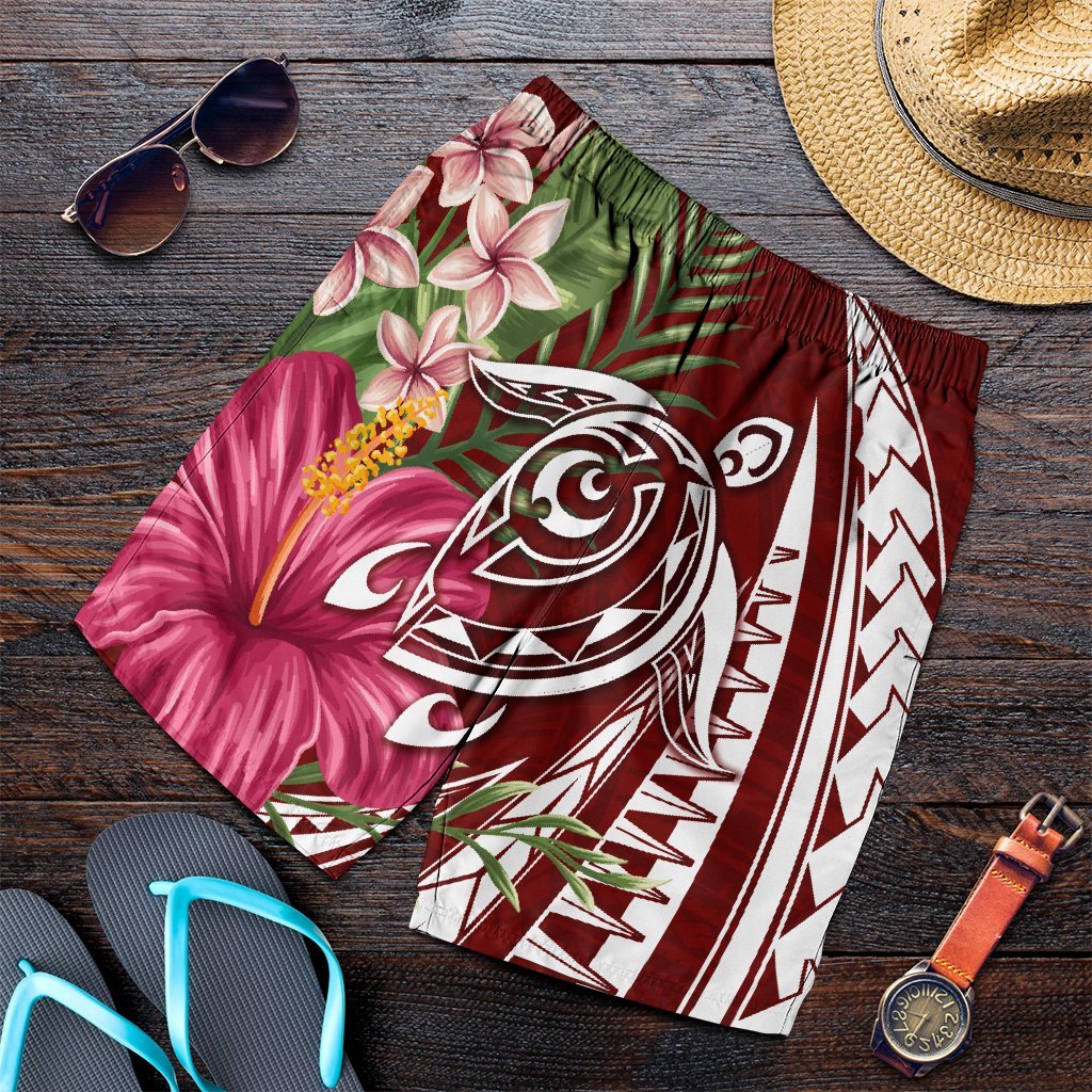 Hawaii Polynesian Turtle Tropical Hibiscus Plumeria Men's Shorts - Red - AH Art - Polynesian Pride