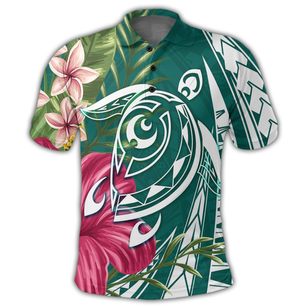 Hawaii Polynesian Turtle Tropical Hibiscus Plumeria Polo Shirt Turquoise - Polynesian Pride