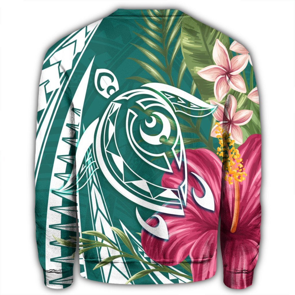 Hawaii Polynesian Turtle Tropical Hibiscus Plumeria Sweatshirt - Turquoise - AH - Polynesian Pride
