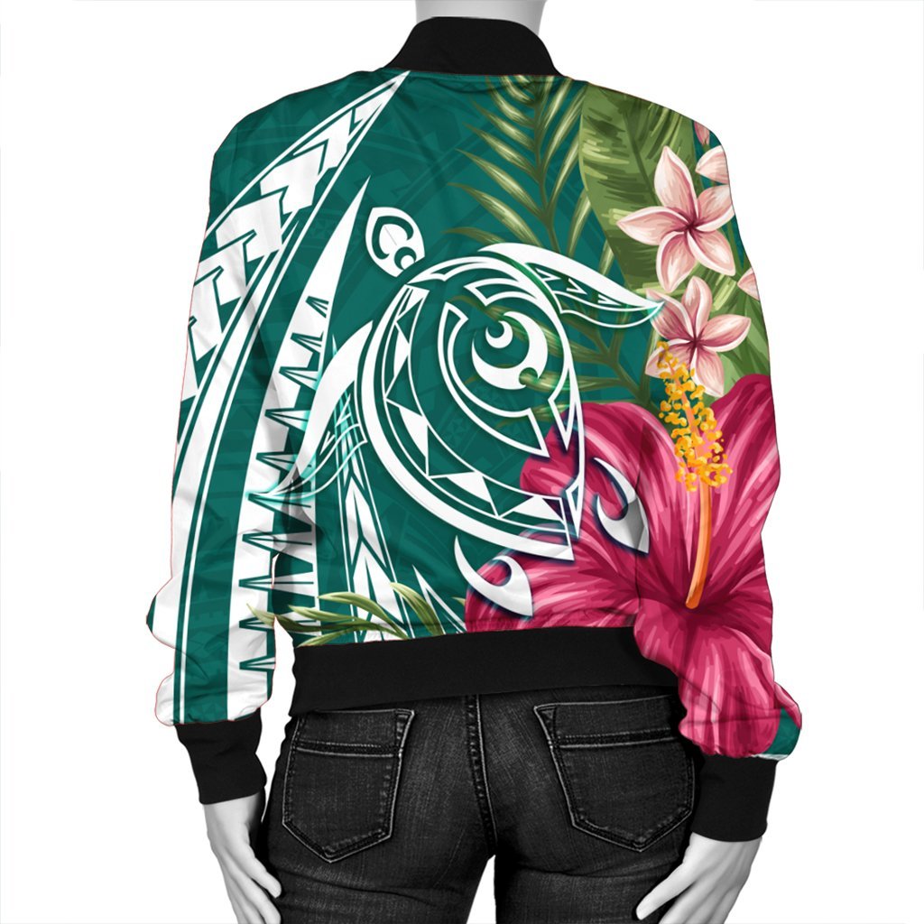 Hawaii Polynesian Turtle Tropical Hibiscus Plumeria Bomber Jacket - Turquoise - AH - Polynesian Pride