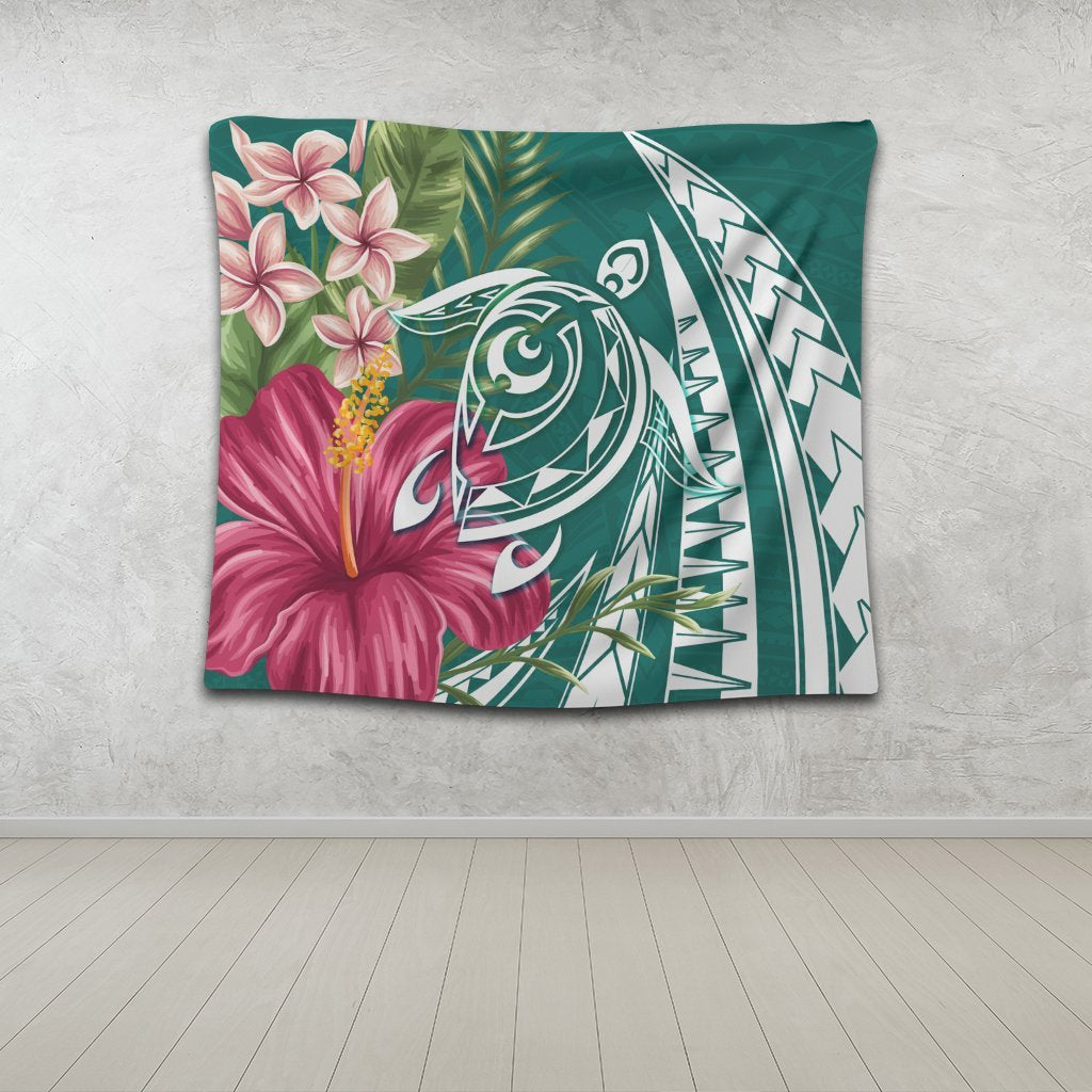Hawaii Polynesian Turtle Tropical Hibiscus Plumeria Tapestry - Turquoise - AH - Polynesian Pride