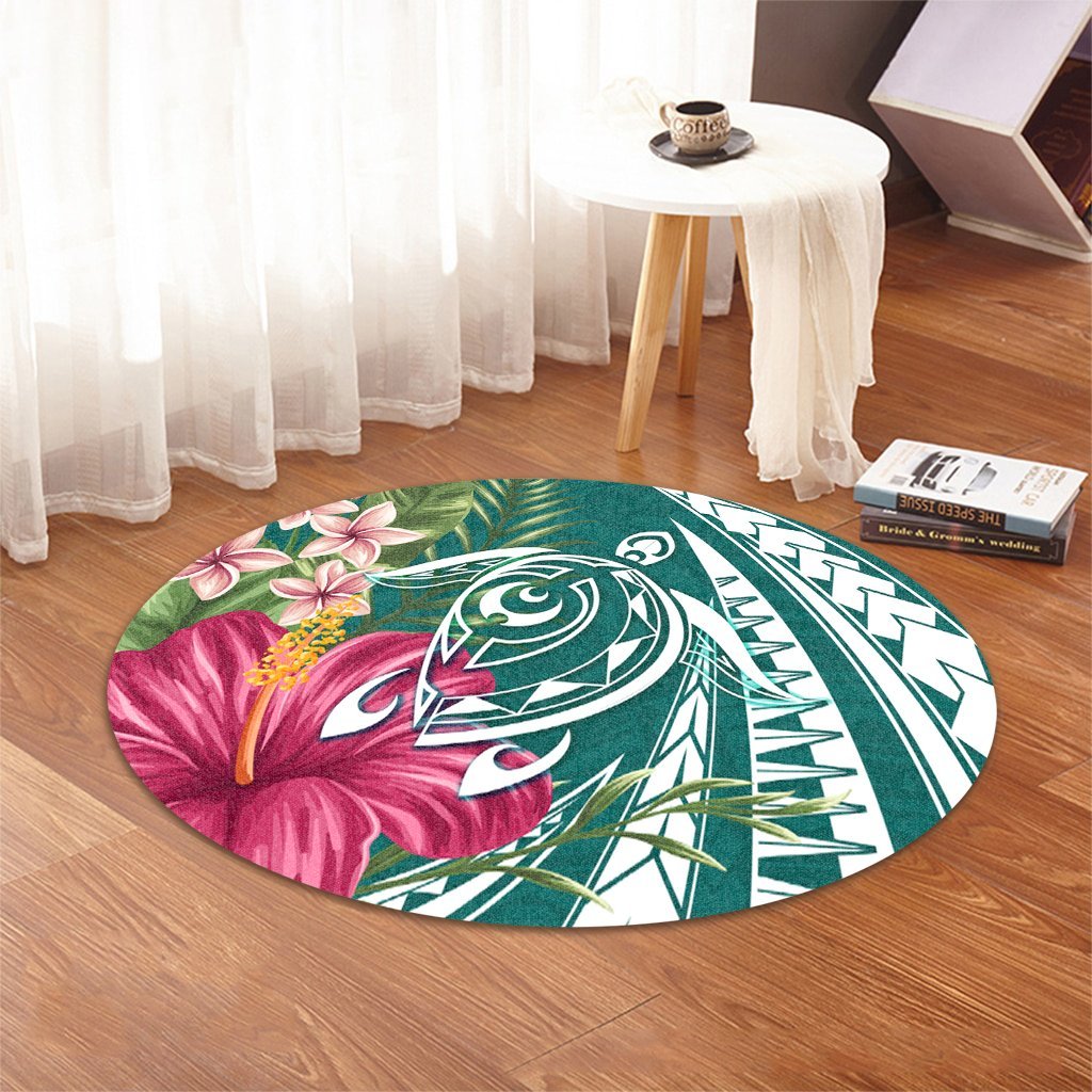 Hawaii Polynesian Turtle Tropical Hibiscus Plumeria Round Carpet - Turquoise - AH - Polynesian Pride