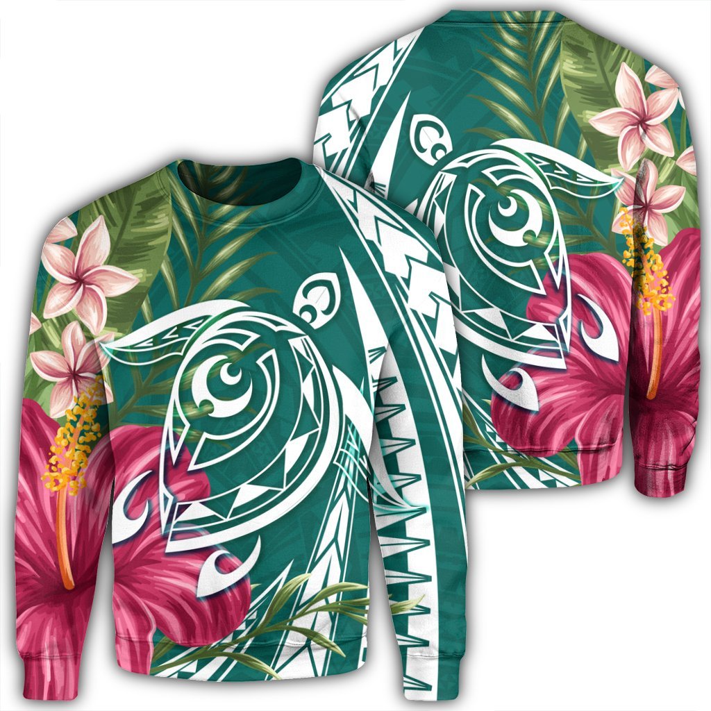 Hawaii Polynesian Turtle Tropical Hibiscus Plumeria Sweatshirt - Turquoise - AH Unisex Black - Polynesian Pride