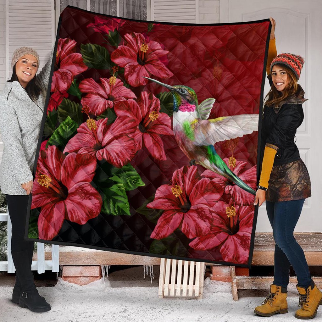 Hawaii Red Hibiscus Humming Bird Premium Quilts - AH - Polynesian Pride