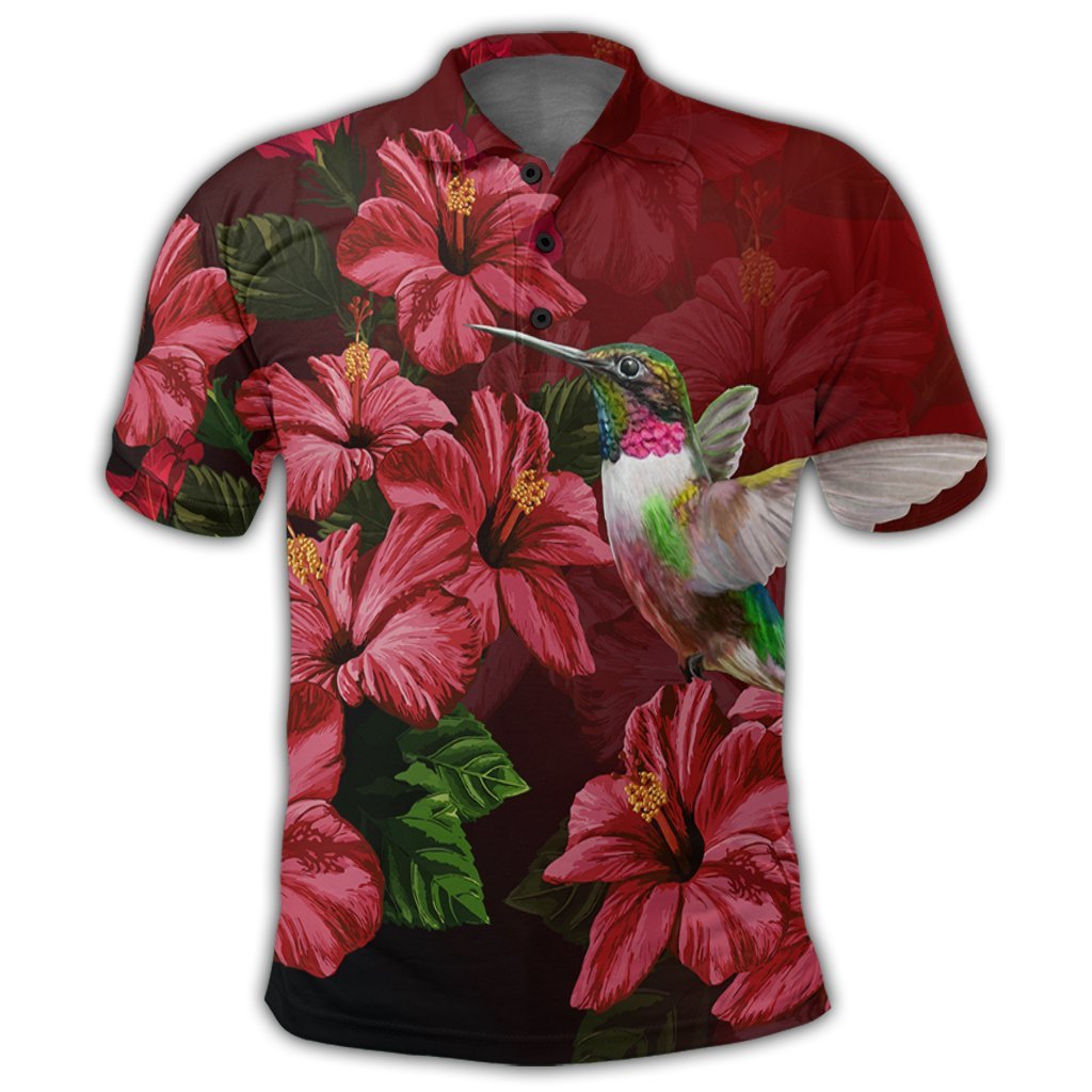 Hawaii Red Hibiscus Humming Bird Polo Shirt - Polynesian Pride