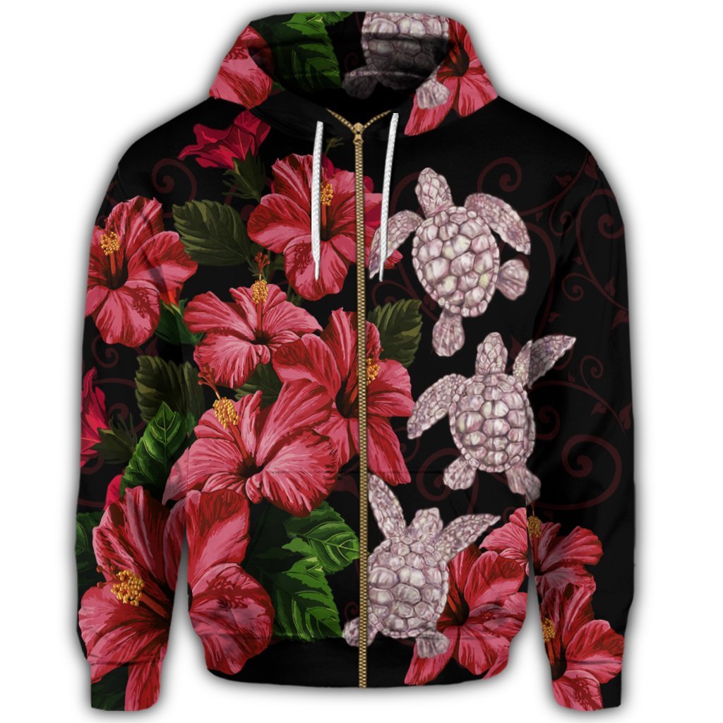 Hawaii Red Hibiscus Turtle Zip Hoodie Ray Style - Polynesian Pride