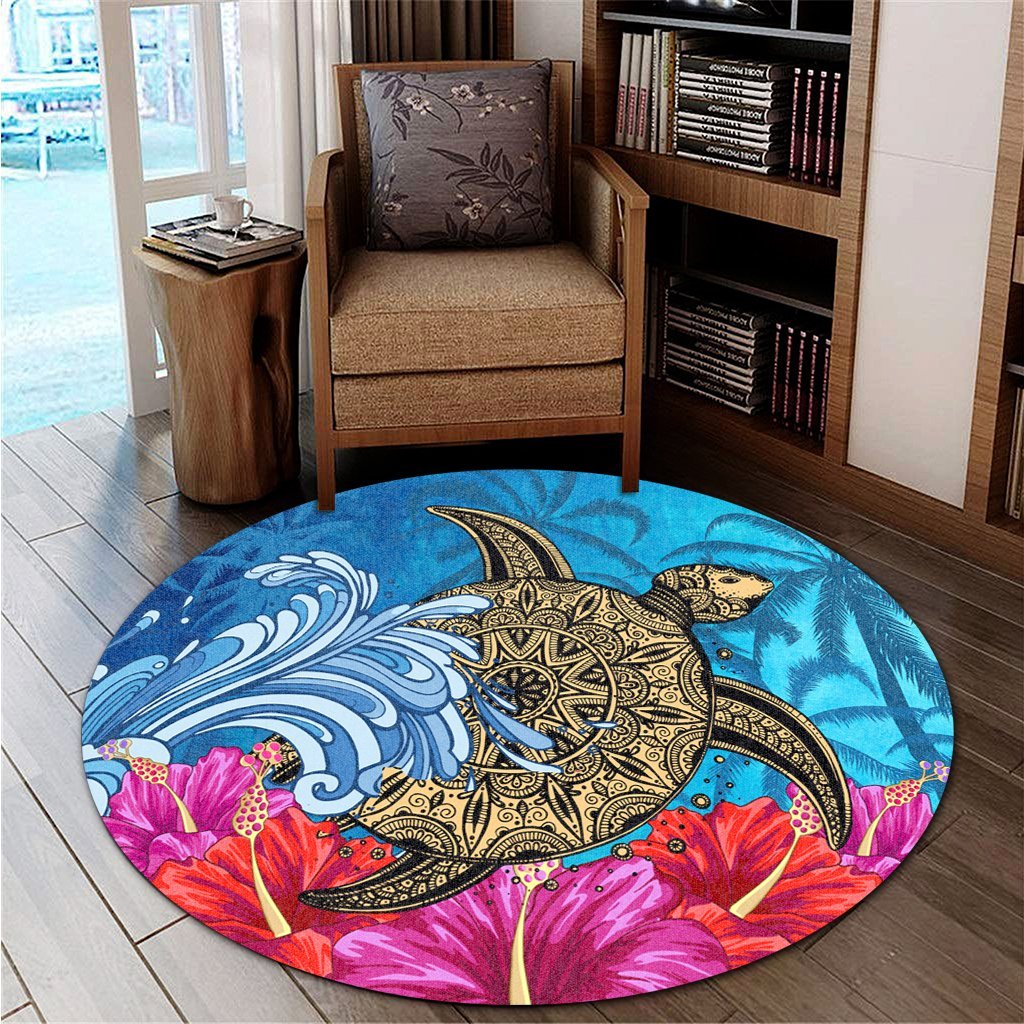 Hawaii Sea Turtle Hibiscus Coconut Tree Round Carpet - AH - Polynesian Pride