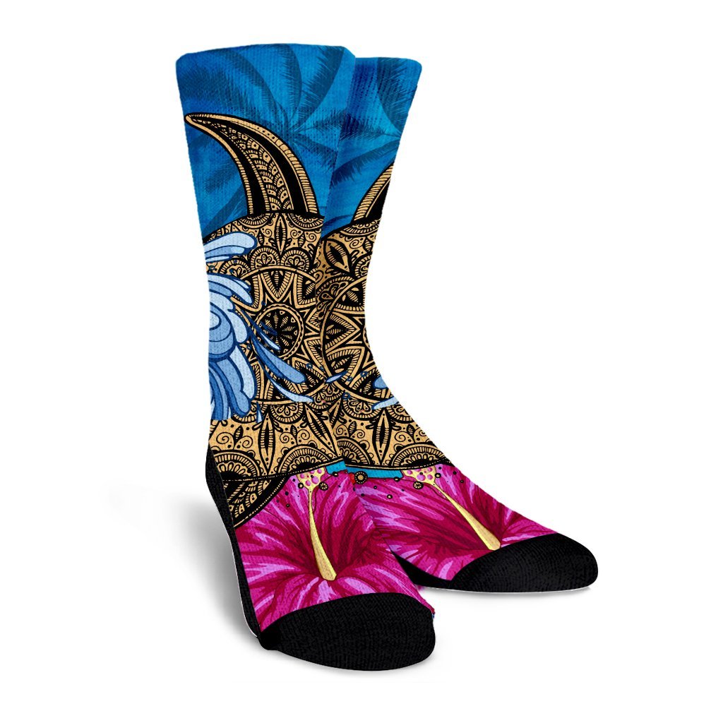 Hawaii Sea Turtle Hibiscus Coconut Tree Crew Socks - AH - Polynesian Pride