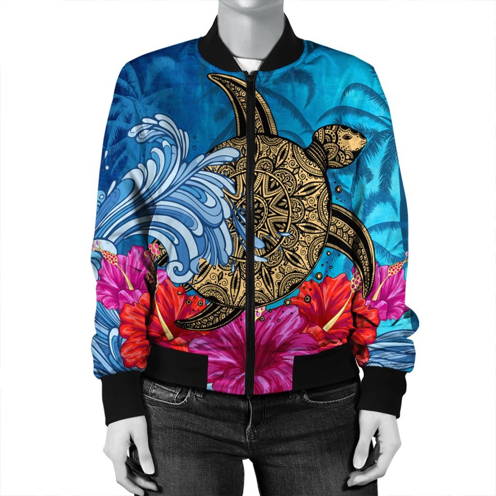 Hawaii Sea Turtle Hibiscus Coconut Tree Bomber Jacket - AH - Polynesian Pride
