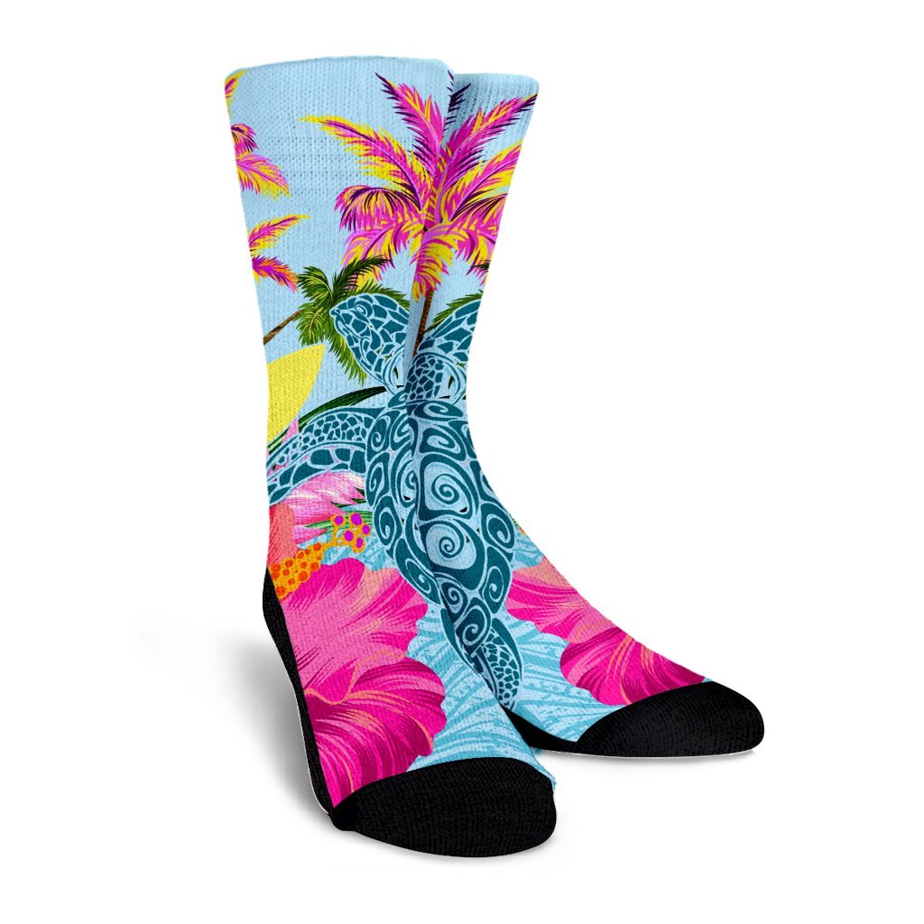 Hawaii Sea Turtle Hibiscus Kanaka Crew Socks - AH - Polynesian Pride