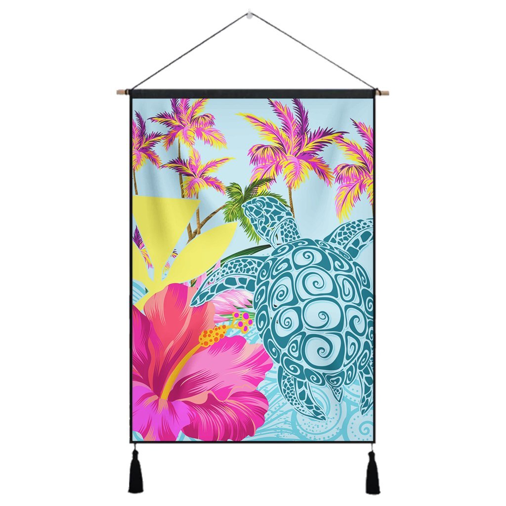 Hawaii Sea Turtle Hibiscus Kanaka Hanging Poster - AH Hanging Poster Cotton And Linen - Polynesian Pride