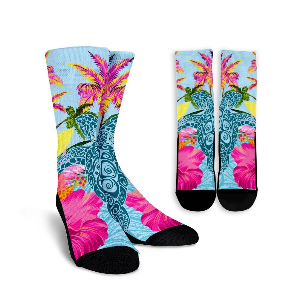 Hawaii Sea Turtle Hibiscus Kanaka Crew Socks - AH Crew Socks White - Polynesian Pride