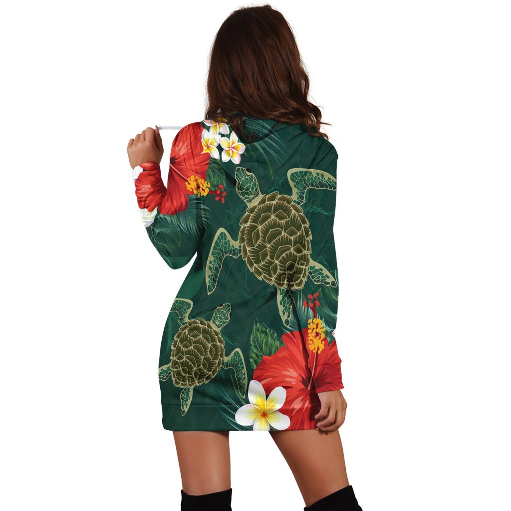 Hawaii Sea Turtle Hibiscus Plumria Hoodie Dress - AH - Polynesian Pride