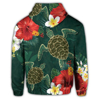 Hawaii Sea Turtle Hibiscus Plumria Zip Hoodie - Polynesian Pride