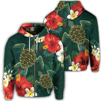 Hawaii Sea Turtle Hibiscus Plumria Zip Hoodie Unisex Art - Polynesian Pride