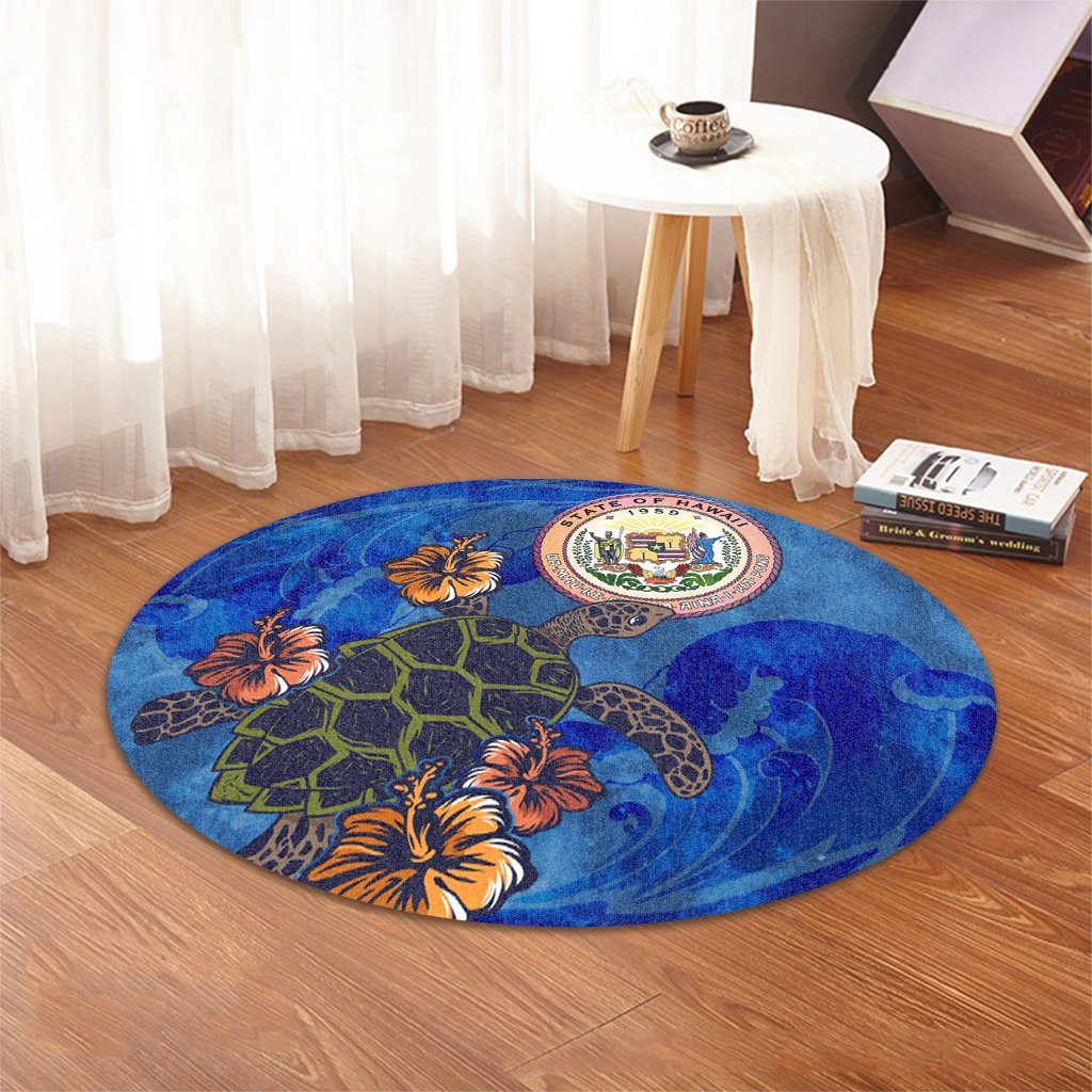 Hawaii Seal Of Hawaii Hibiscus Ocean Turtle Polynesian Round Carpet - AH - Polynesian Pride
