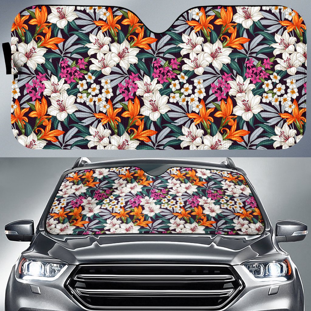 Hawaii Seamless Exotic Pattern With Tropical Leaves Flowers Hawaii Car Sun Shade Auto Sun Shade Universal Fit White - Polynesian Pride