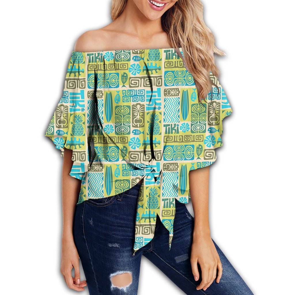 Hawaii Seamless Exotic Tiki Pattern Women's Off Shoulder Wrap Waist Top - AH - Polynesian Pride