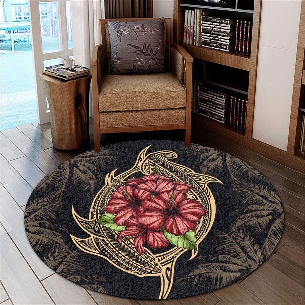 Hawaii Shark Hibiscus Gold Round Carpet - AH - Polynesian Pride