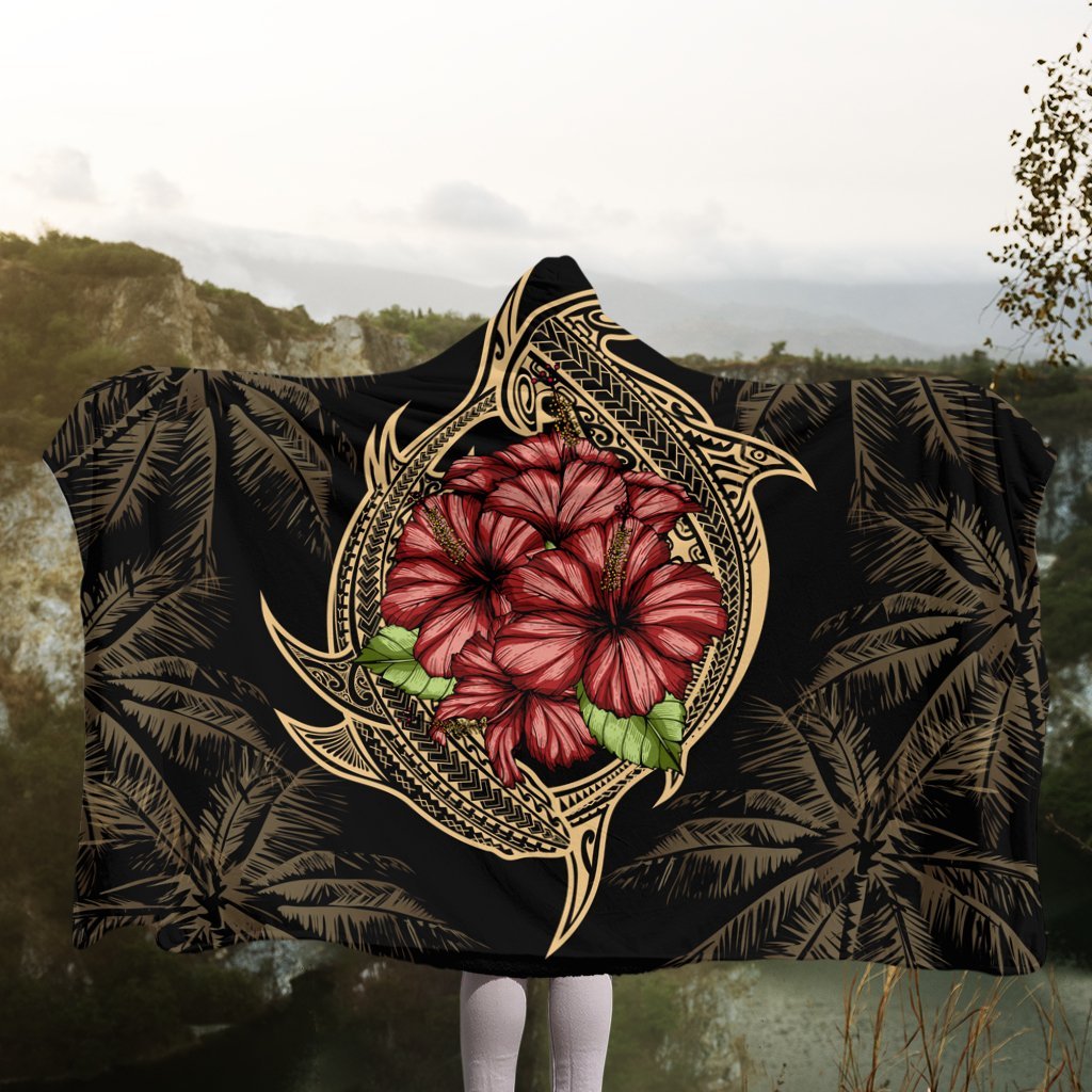 Hawaii Shark Hibiscus Gold Hooded Blanket - AH - Polynesian Pride