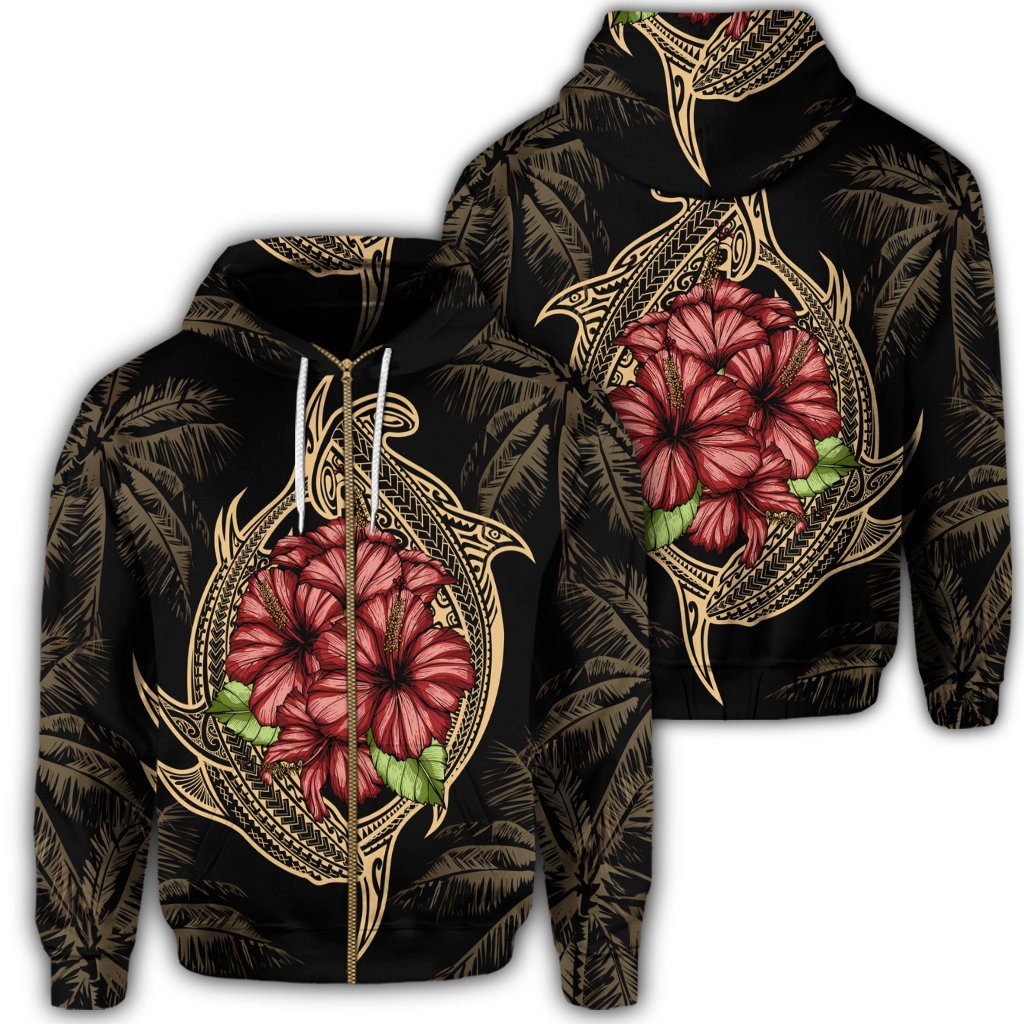Hawaii Shark Hibiscus Gold Zip Hoodie Unisex Art - Polynesian Pride