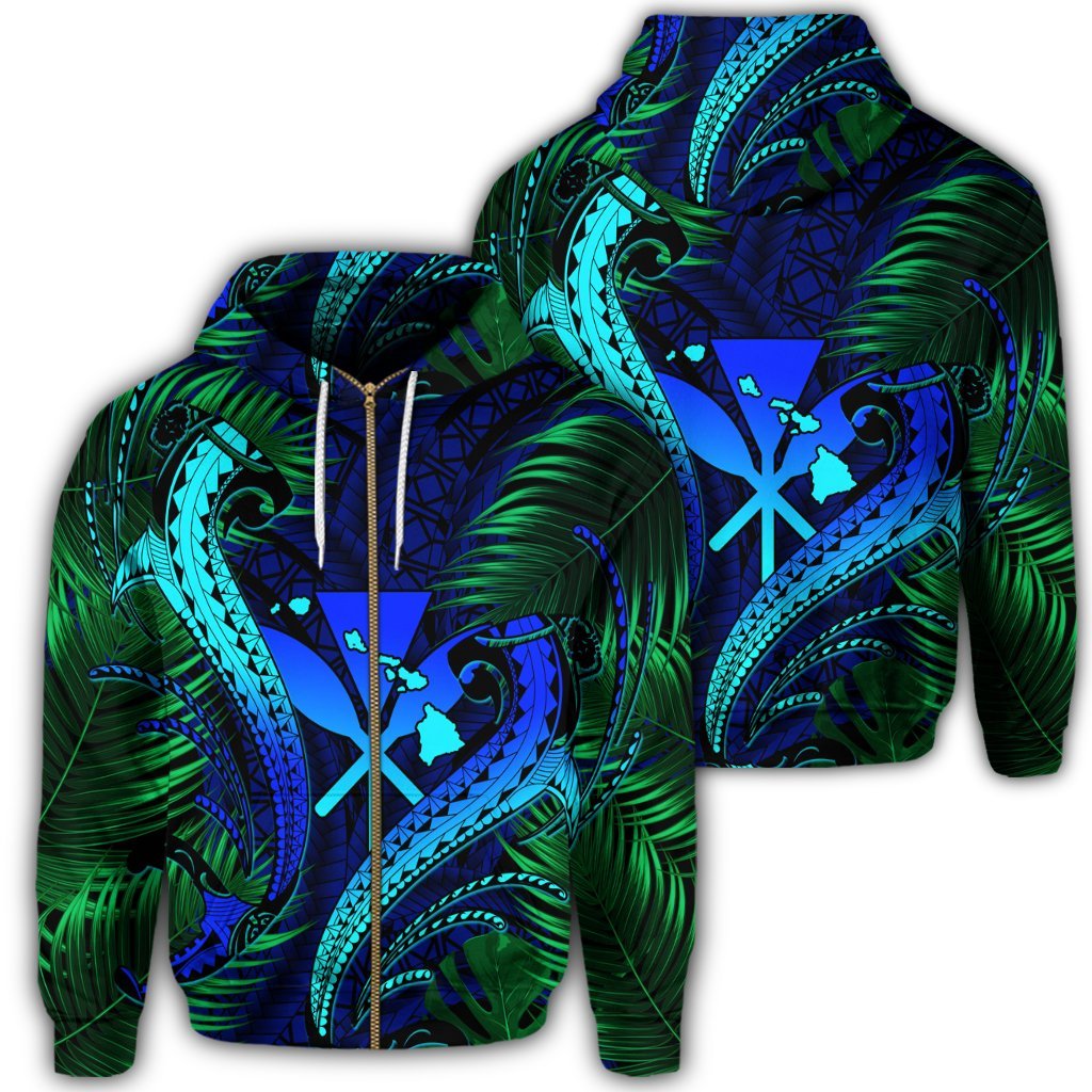 Hawaii Shark Polynesian Tropical Zip Hoodie Blue Unisex Art - Polynesian Pride