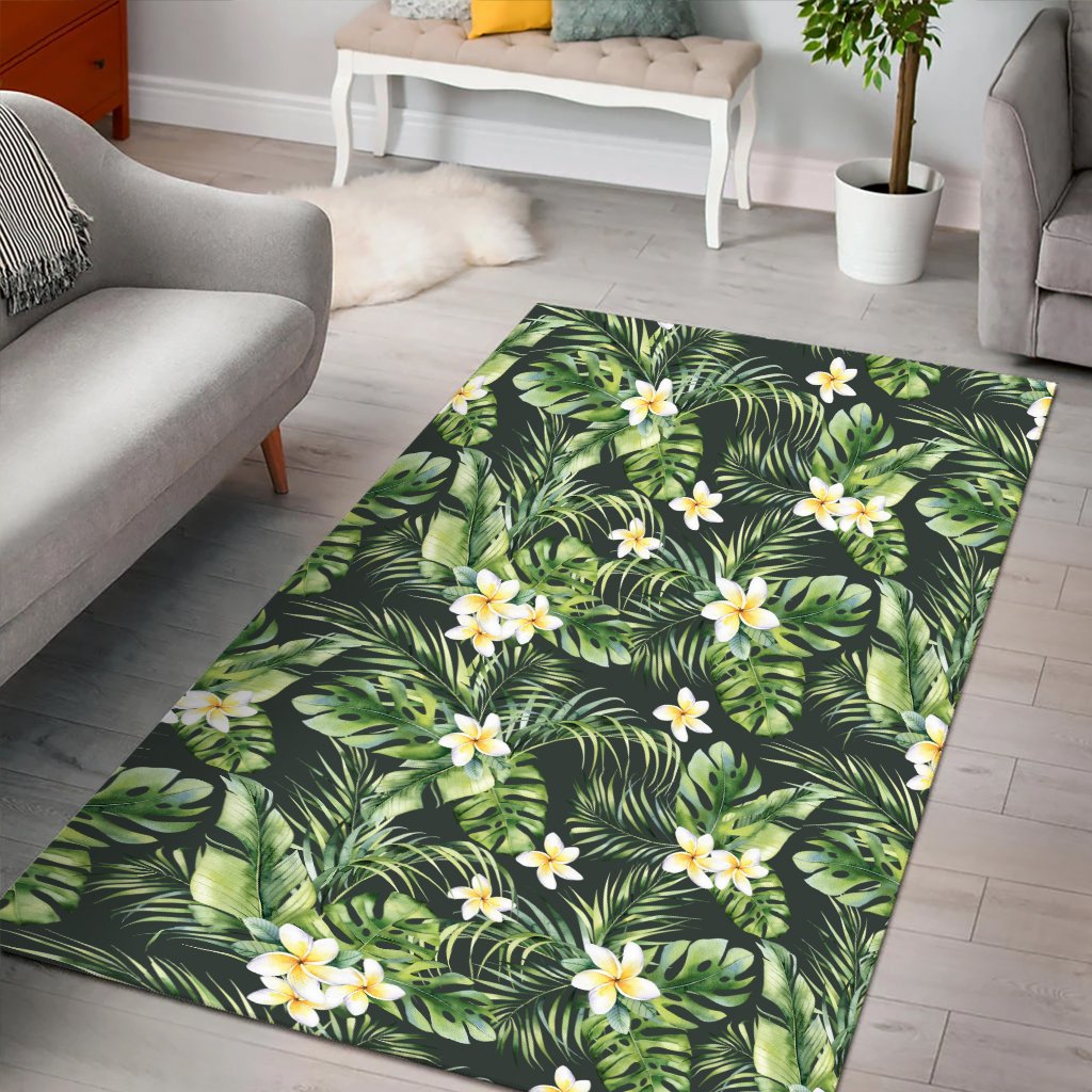 Hawaii Summer Plumerias Flowers Palm Tree Monstera Leaves Area Rug - AH - Polynesian Pride