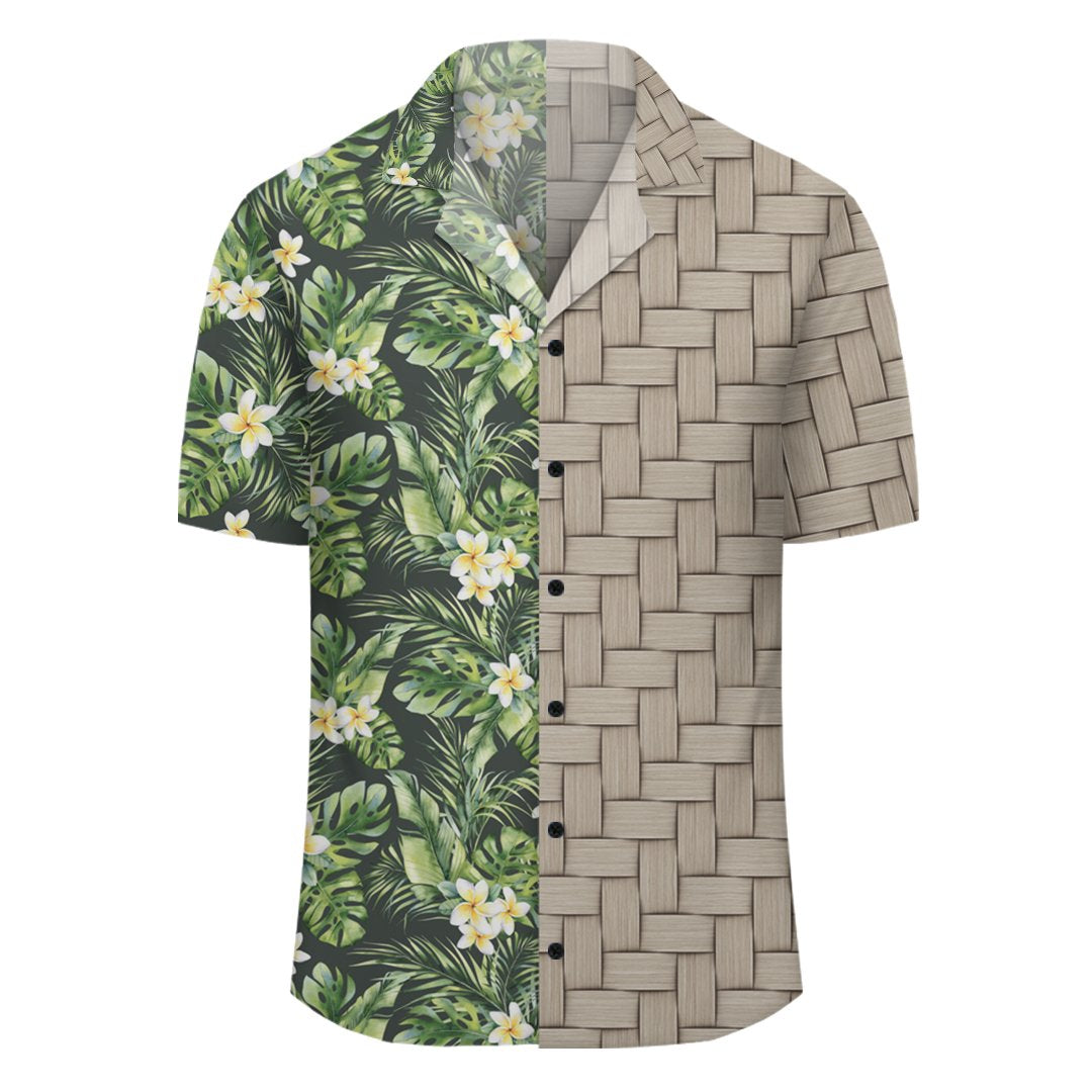 Hawaii Summer Plumerias Flowers Palm Tree Monstera Leaves Lauhala Moiety Hawaiian Shirt - Polynesian Pride