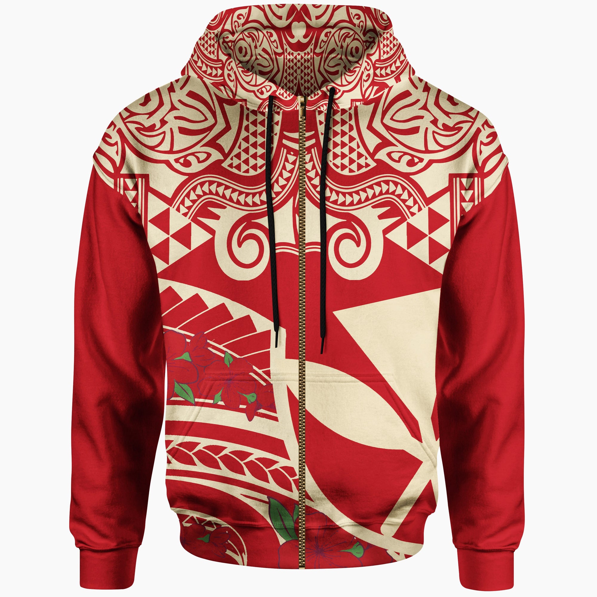 Hawaii Zip up Hoodie Polynesian Pattern Vintage Style Red Color Unisex Red - Polynesian Pride