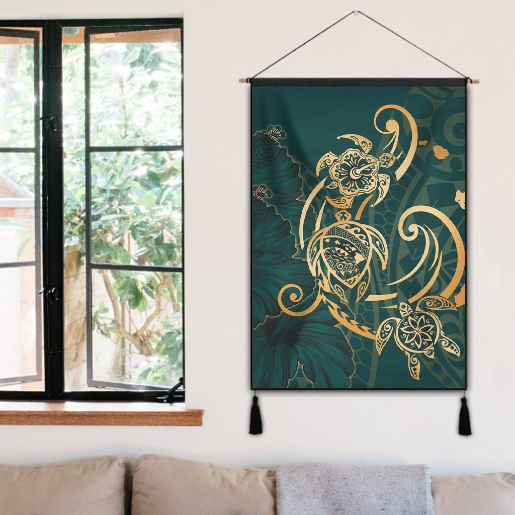 Hawaii Triple Marble Turtle Polynesian Hibiscus Hanging Poster - AH - Benjamin Style - Green - Polynesian Pride