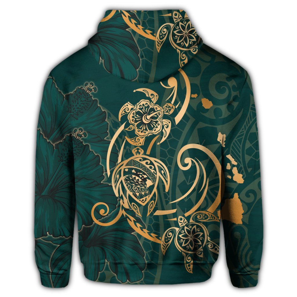 Hawaiian Triple Marble Turtle Polynesian Hibiscus Hoodie Benjamin Style Green - Polynesian Pride