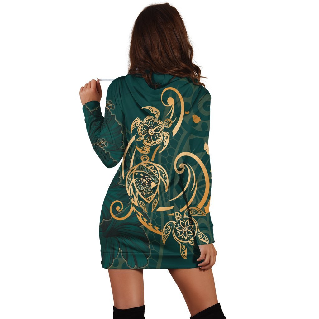 Hawaii Triple Marble Turtle Polynesian Hibiscus Hoodie Dress - AH - Benjamin Style - Green - Polynesian Pride
