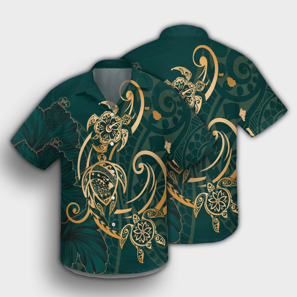 Hawaii Triple Marble Turtle Polynesian Hibiscus Hawaiian Shirt - AH - Benjamin Style - Green - Polynesian Pride