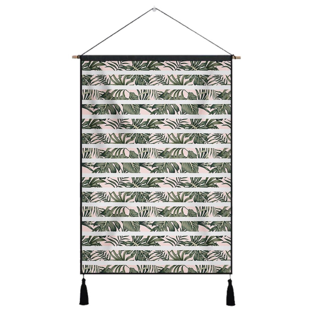 Hawaii Tropical Dark Green Leaves Seamless Pattern White Stripes Pink Background Hanging Poster - AH- Hanging Poster 43 x 65 cm Cotton And Linen - Polynesian Pride