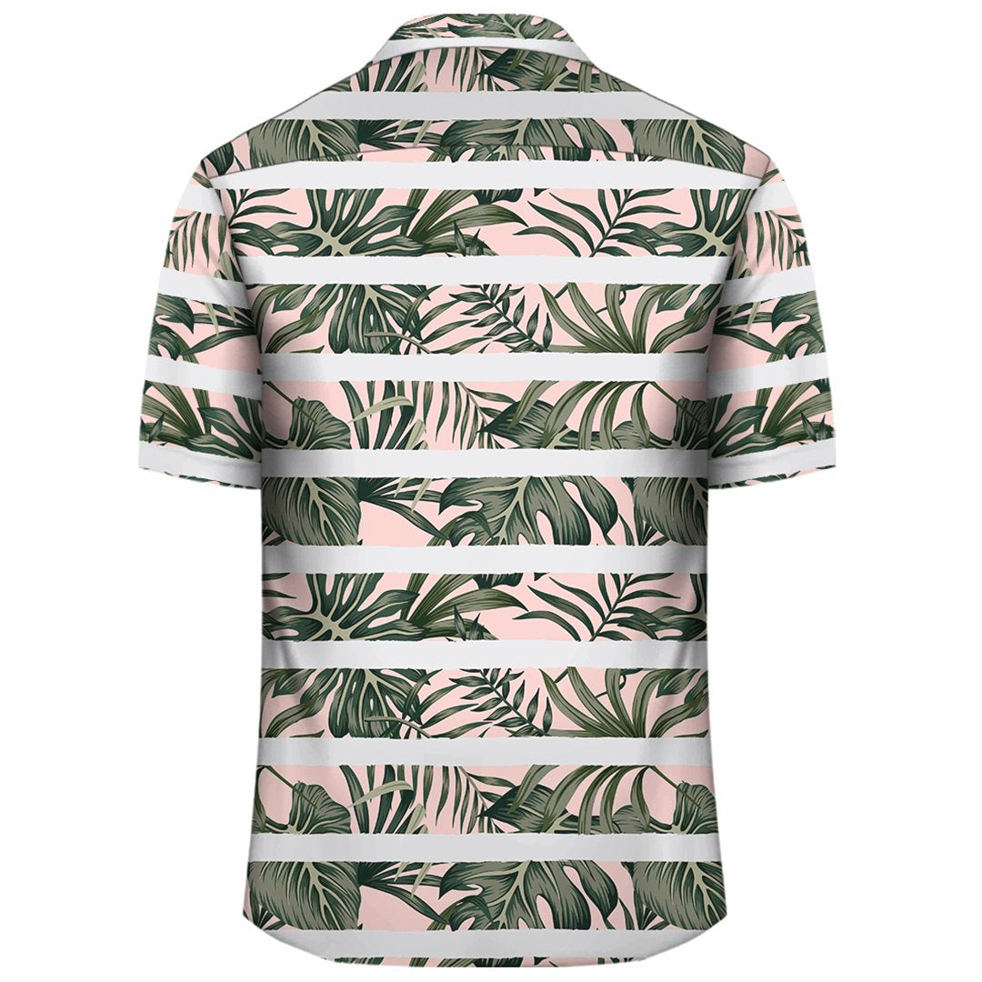 Hawaii Tropical Dark Green Leaves Seamless Pattern White Stripes Pink Background Hawaiian Shirt - Polynesian Pride