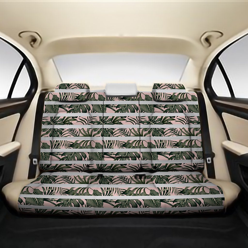 Hawaii Tropical Dark Green Leaves Seamless Pattern White Stripes Pink Background Back Seat Cover One Size Black Back Car Seat Covers - Polynesian Pride