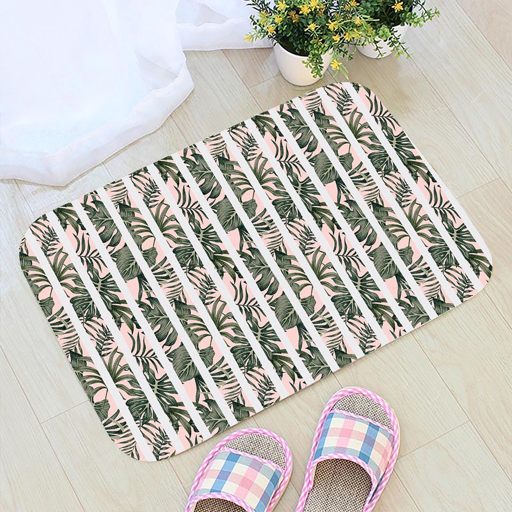 Hawaii Tropical Dark Green Leaves Seamless Pattern White Stripes Pink Background Hawaii Door Mat - Polynesian Pride