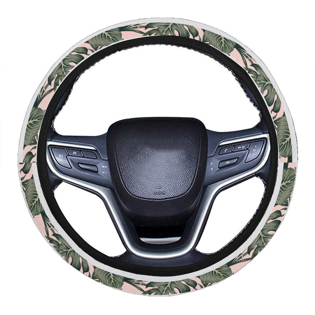 Hawaii Tropical Dark Green Leaves Seamless Pattern White Stripes Pink Background Hawaii Universal Steering Wheel Cover with Elastic Edge One Size Green Steering Wheel Cover - Polynesian Pride