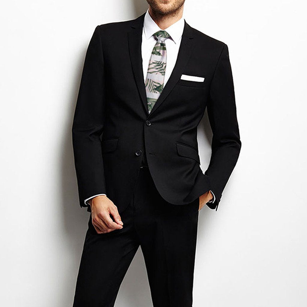 Hawaii Tropical Dark Green Leaves Seamless Pattern White Stripes Pink Background Necktie One Size Black Necktie - Polynesian Pride