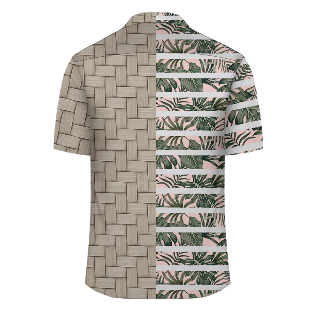 Hawaii Tropical Dark Green Leaves Seamless Pattern White Stripes Pink Background Lauhala Moiety Hawaiian Shirt - Polynesian Pride